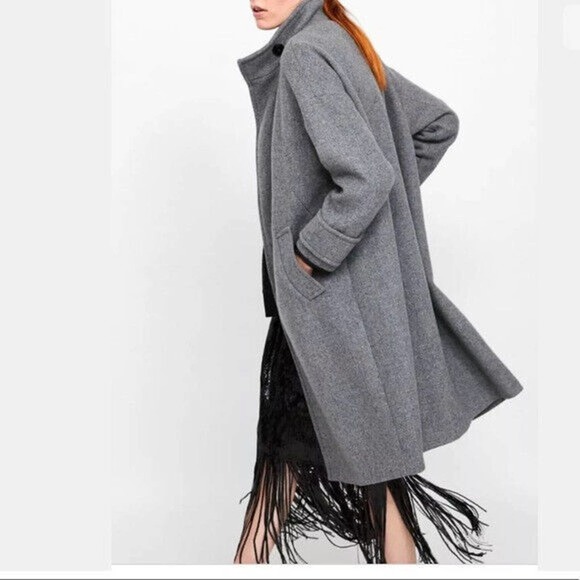 Zara Basic Asymmetric Button Coat Wool Blend Gray Women's Size XL - Picture 8 of 10